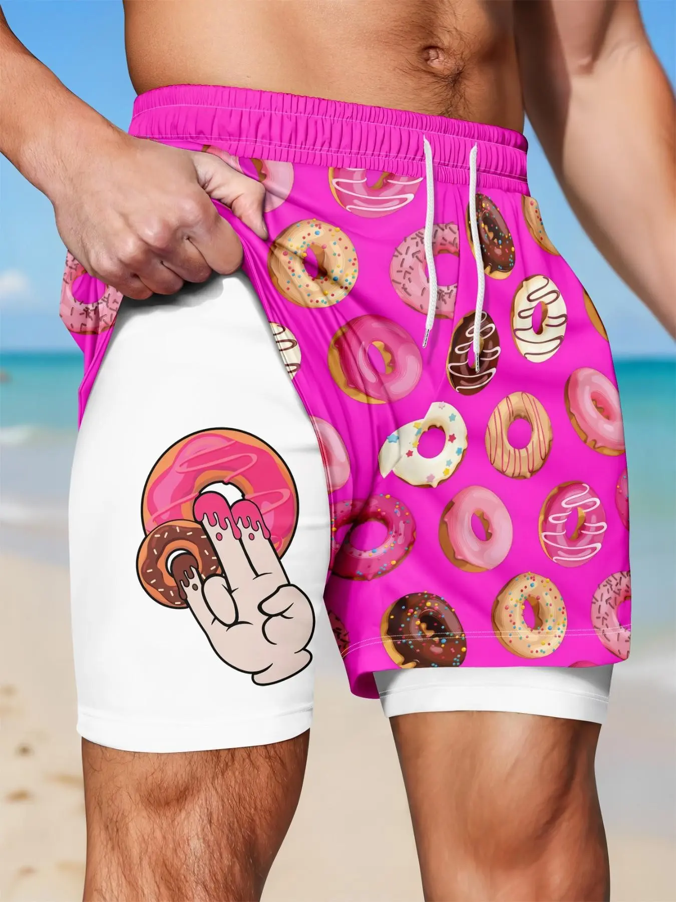 Men's Base Multicolor Donut Print Double-Layer Beach Shorts, Creative Gesture Donut Lining Two-In-One Short Pants, Casual Slim-Fit, Summer Beach Trunks