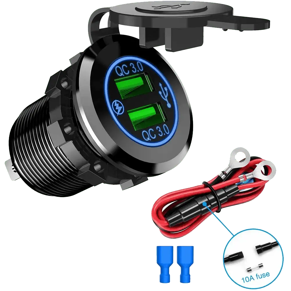 Nilight Blue LED Dual-Port QC 3.0 USB Charger Socket - CE Certified, Aluminum Alloy Frame, IP66 Waterproof, Plug-In Install for Car, Motorcycle, Boat, Silica Gel-Coated, Extension Cords Compatible, Quick Charge for Video Games, Sports Watch