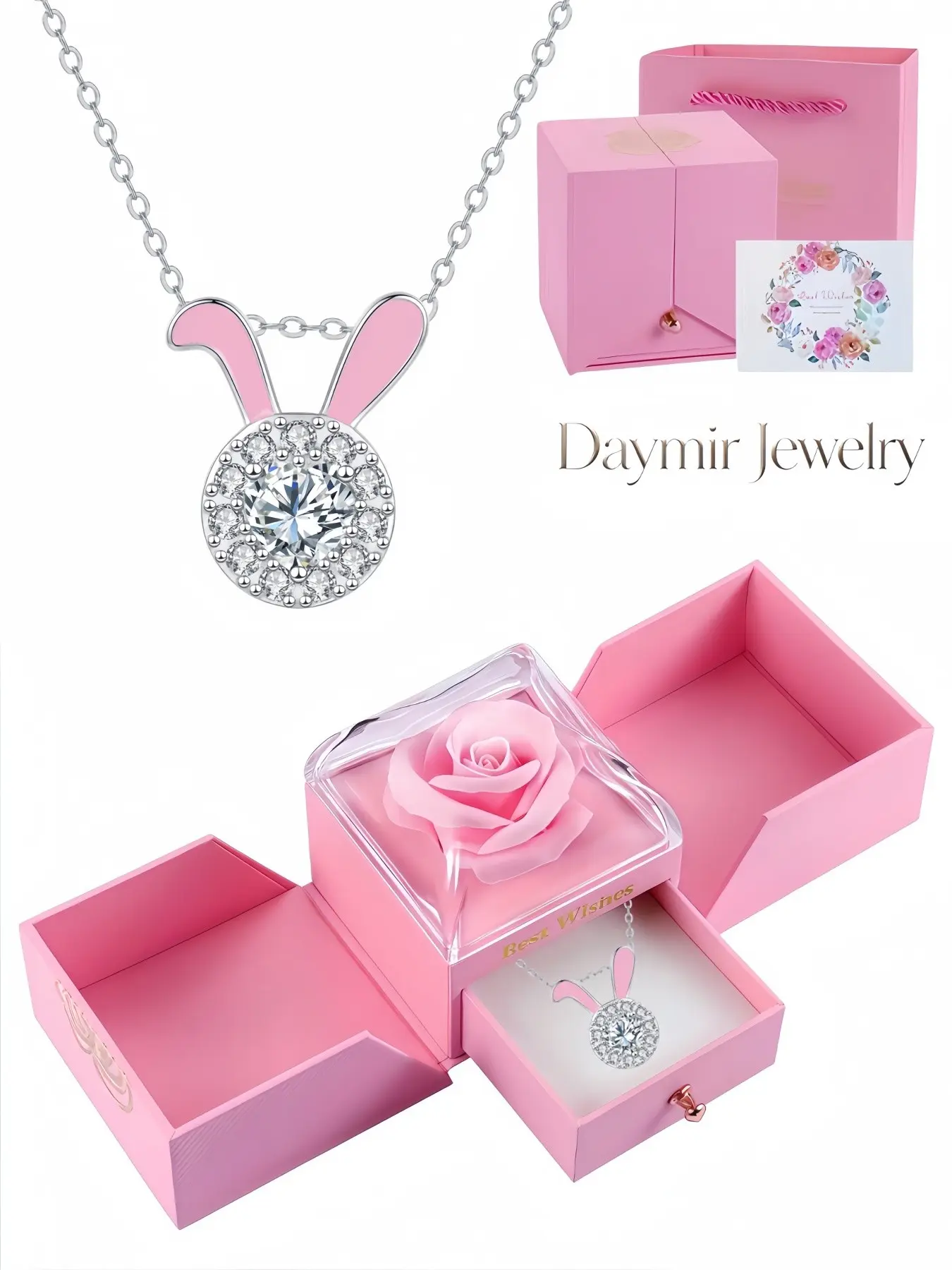 Adorable full‑sparkle rabbit‑ear necklace, uniquely‑crafted delicate premium clavicle chain. Paired with surprise double‑opening preserved‑rose jewelry box, ideal gift for date nights, Valentine’s Day and Christmas celebrations.