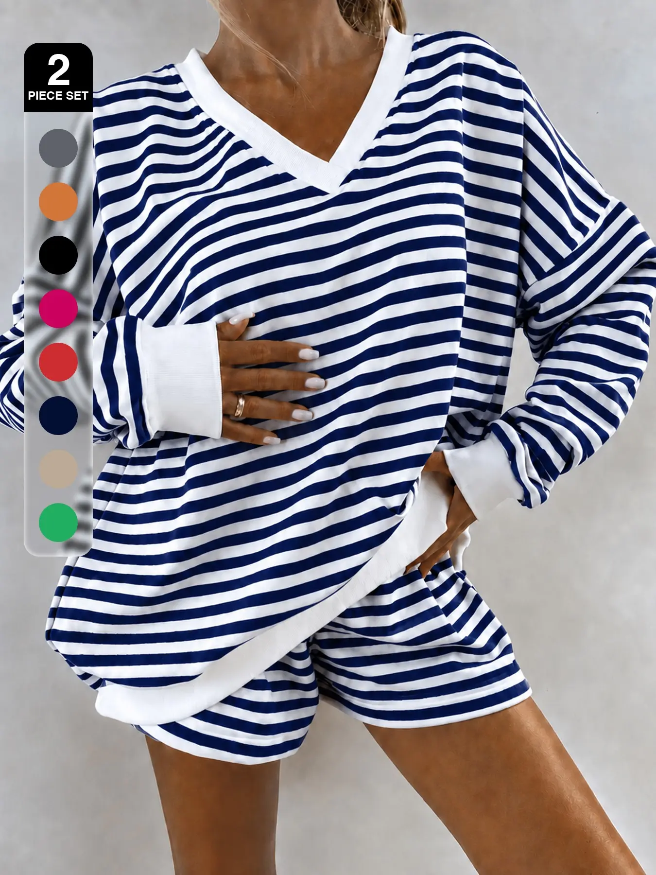 2 Pieces Set Fashion Elegance V Neck Stripes Long Sleeves Loose Comfortable Top Elastic Waistband Comfortable Shorts Casual Home Sport Fashion Suit