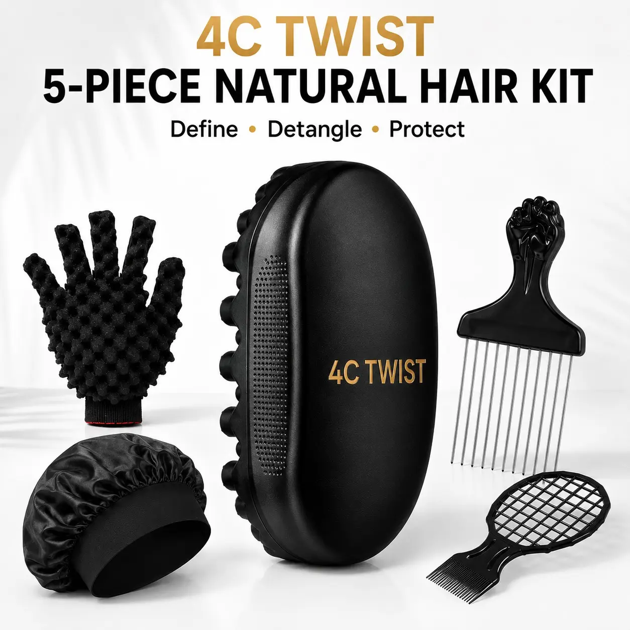 4C TWIST 5-Piece Natural Hair Styling Kit for Men with Twist Brush, Mesh Styling Comb, Metal Afro Pick, Massage Glove & Satin Bonnet for 4C Hair, Coils, Curls, Twists, Locs & Afro Textured Hair