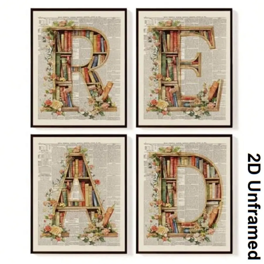 4 Piece Book Poster Wall Decor Set, Vintage Classroom Decoration, Library Club Gift, Home Office Aesthetic, Bedroom Floral Art