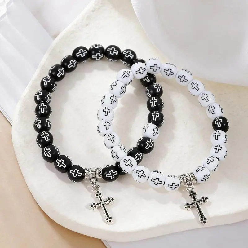 Men's Jewelry Synthetic Beads Black-White Cross Minimalist Bracelet, Christian Faith Couple Matching Auspicious Religious Business Gift for Daily Wear