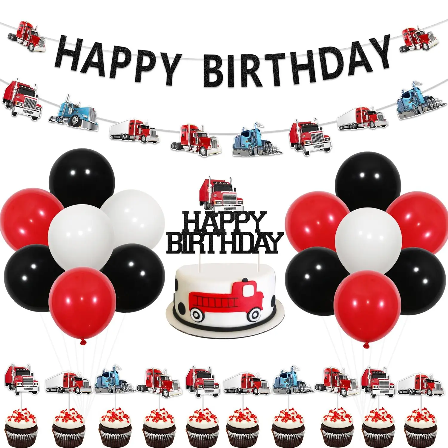 1Set Semi Truck Birthday Decoration Construction Birthday Party Decorations Happy Birthday Heavy Truck Semi Banner Cake Cupcake Topper Black Red Balloon for Boy Transportation Birthday Party