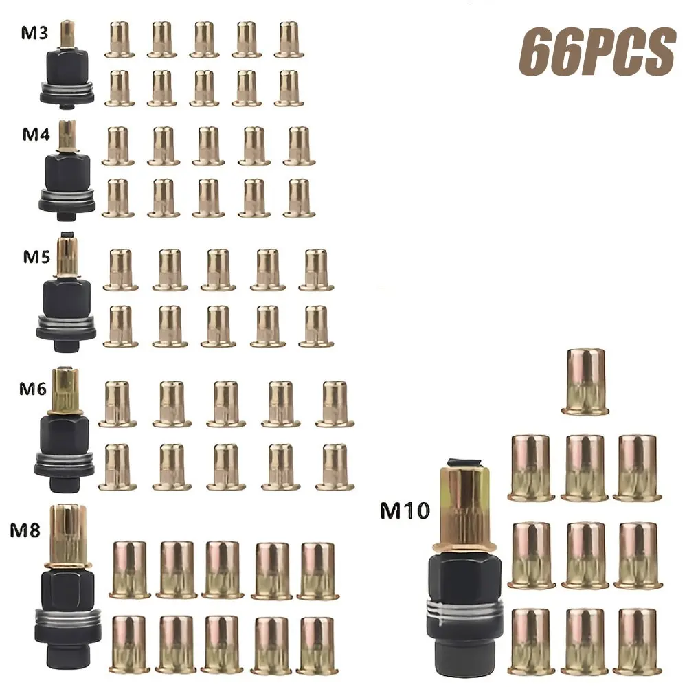 66pcs Rivet Nut Tool Kit, M3 M4 M5 M6 M8 M10 Threaded Insert Nuts with Mandrels, Metric Rivet Nut Set for Automotive, Furniture and DIY, Hand Tools
