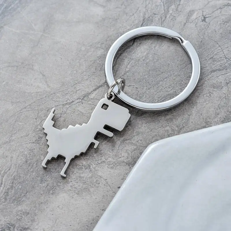 Retro 8 Bit Pixel Dinosaur Metal Keyring, Trending Minimalist T Rex Charm, Cyber Tech Geek Accessory For Gamers Programmer Hobbyist Gifting