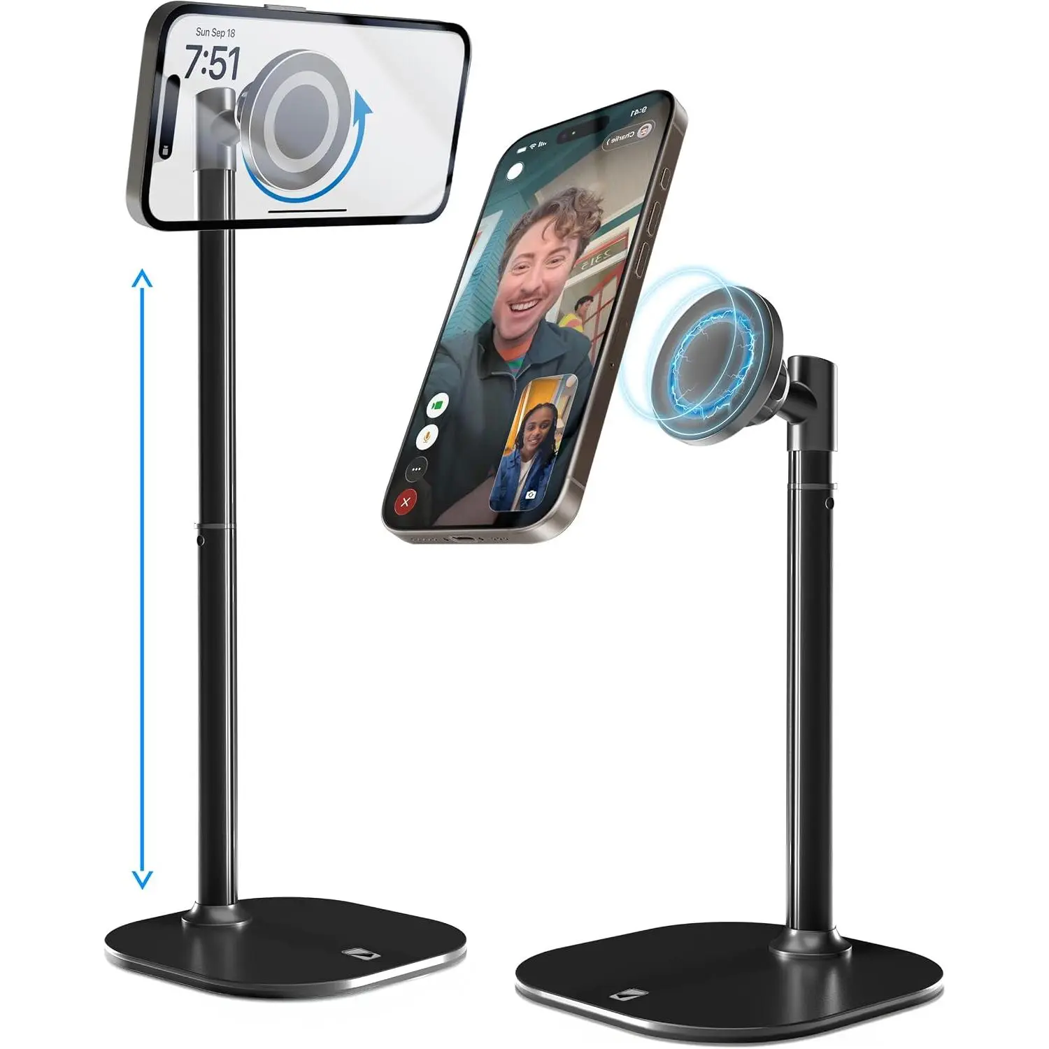 MagStand, Adjustable   Stand for Desk & Phone Holder for Video Recording, Compatible with MagSafe, Stand for  17 Pro Max, 16/15/14/13/12, Small Mag Safe Tripod (Black)