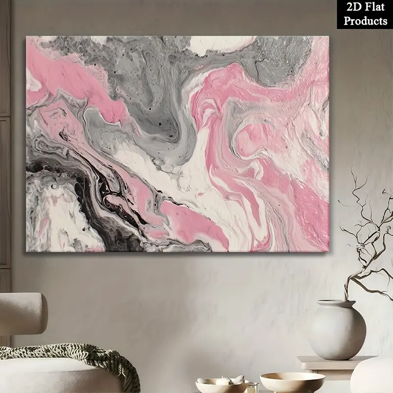 Modern Abstract Marble Pattern Canvas Wall Art - Pink,Gray,White Swirl, Artistic 2D Neutral Minimalist Home Decor for Living Room,Bedroom, Thanksgiving,Father's Day,Easter Gifts with Houndstooth Accent