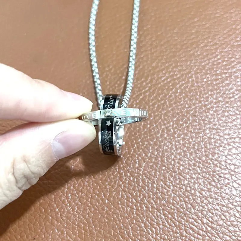 Two Rings Interlocking Pendant Necklace, Engraved Lucky Star Love Letter Double Ring Charm, Stainless Steel Box Chain Couple Jewelry for Men Women