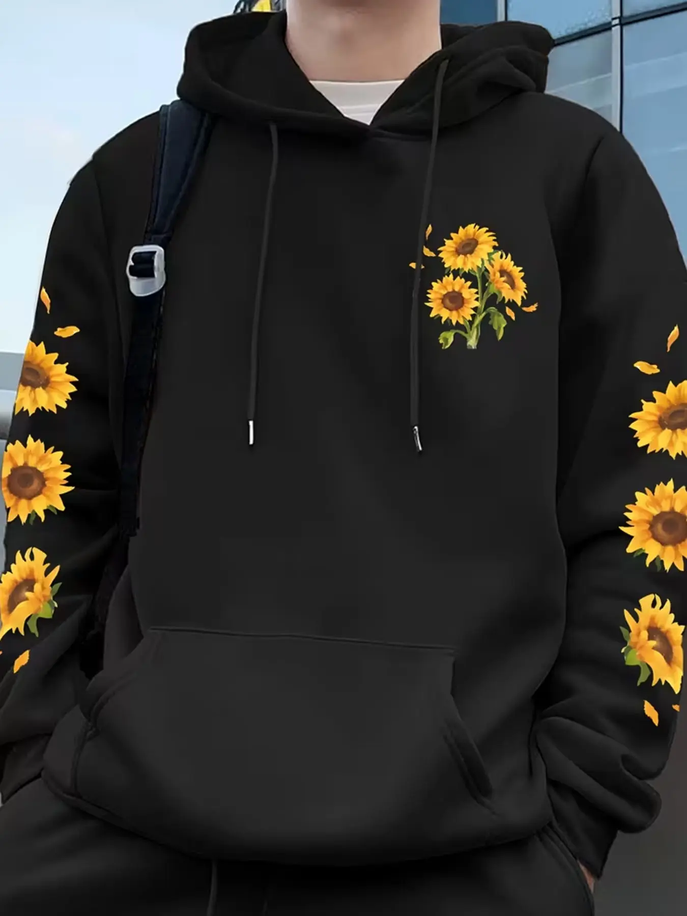 Men's Sunflower Graphic Hoodie, Casual Fitted Sweatshirt, Polyester Knit, Outdoor & Party Wear, Kangaroo Pocket, Fall Winter