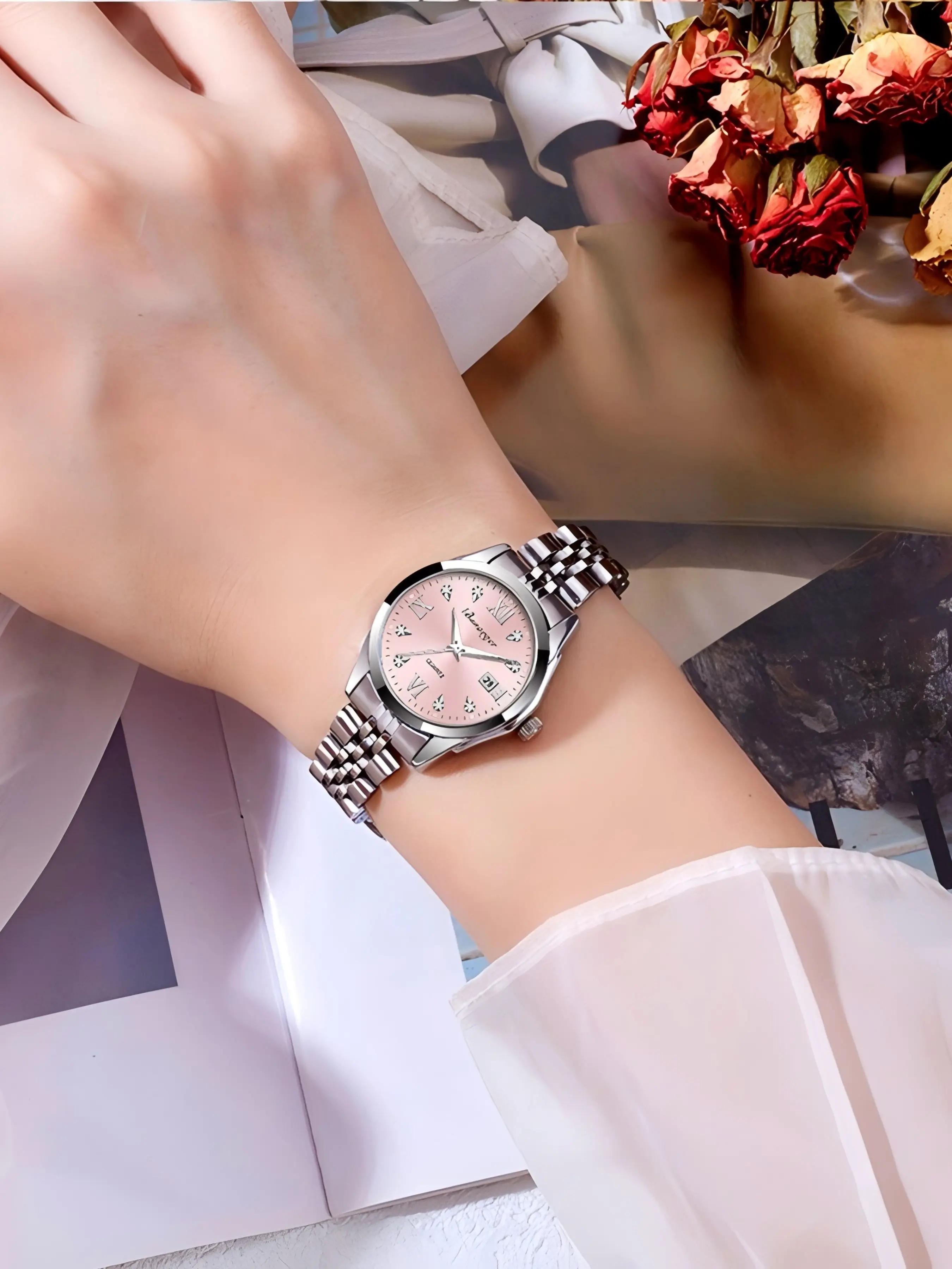 Luxury Women's Quartz Analog Watch, Fashionable Dial, Stainless Steel Band, Night Light Hands, Elegant Business Watch, Perfect Gift for Her