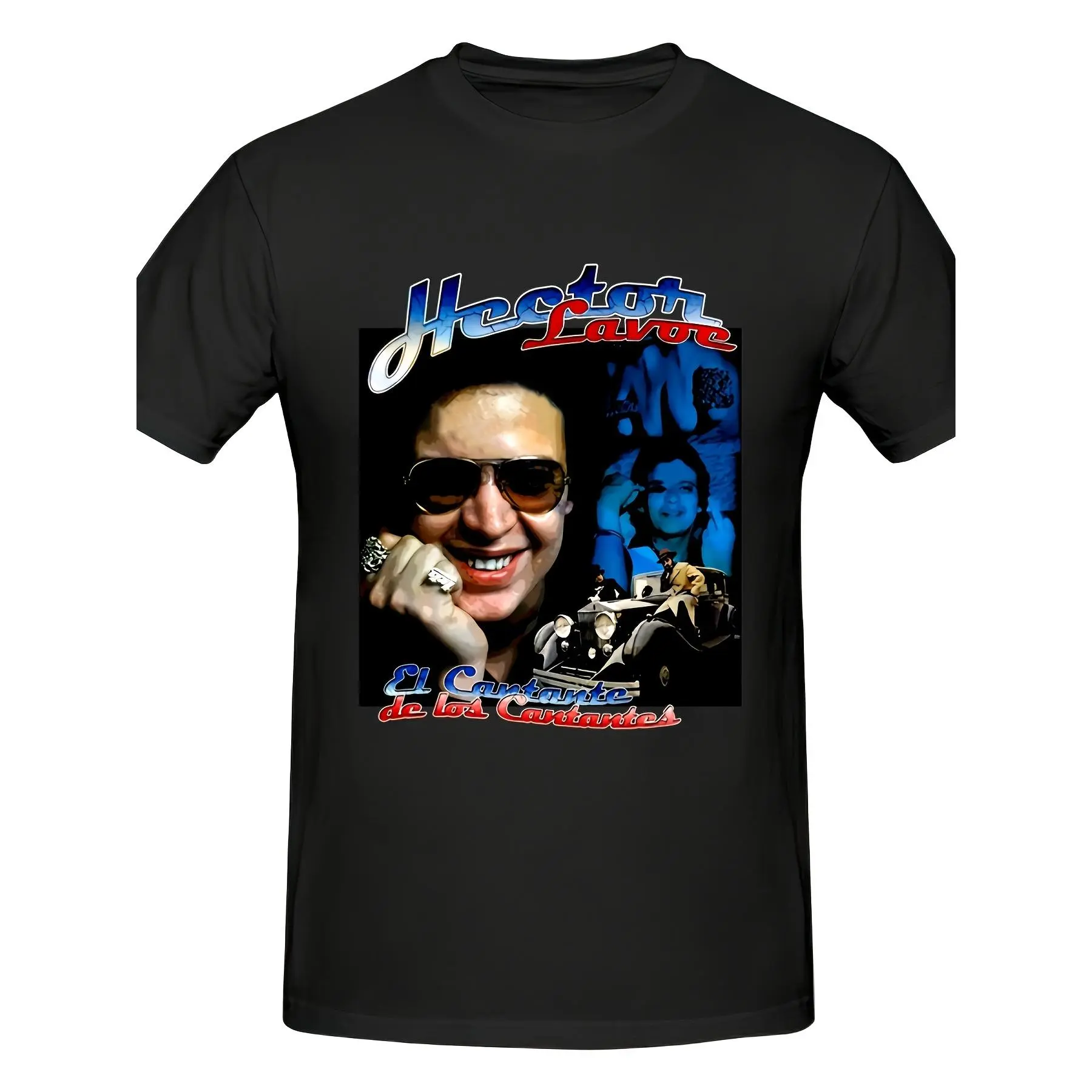 Men's Hector Lavoe El Cantante De Los Cantantes Vintage Salsa Collage Graphic Short-Sleeve T-Shirt - Retro Latin Singer Car Blue Tint Crew Neck Black Street Style Layer-Friendly Cargo Flannel Costume Top for Puerto Rican Salsa Fans Concerts