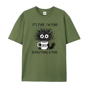Featuring a cartoon-style fluffy cat holding a coffee cup, this T-shirt showcases the slogan “It’s fine I’m fine Everything is fine.” Perfect for everyday outings, it offers a simple, laid-back style suitable for casual activities, family vacations, and t