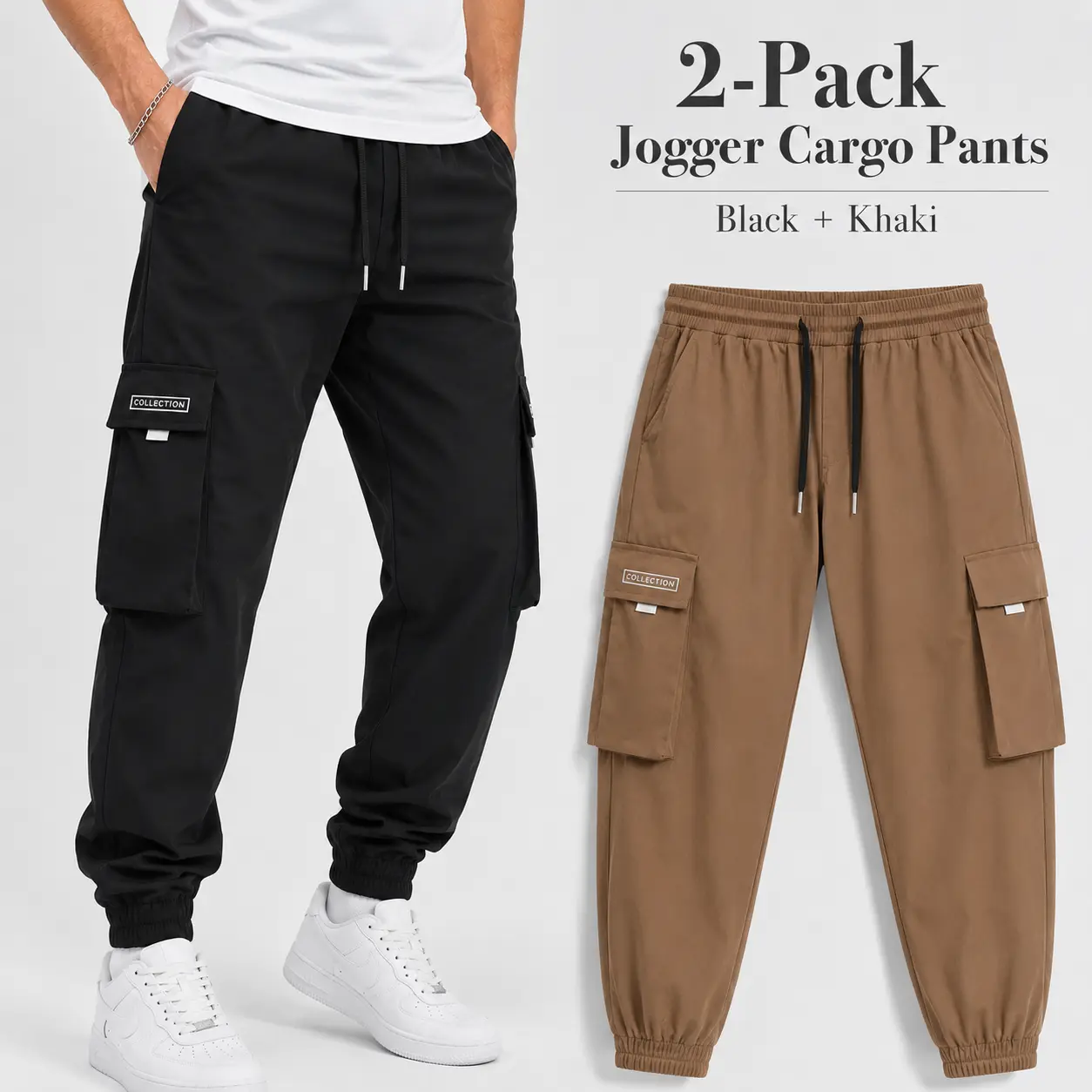 Men's 2-Pack Letter Patch Drawstring Cargo Joggers, Regular Fit, Multi-Pocket, Thick, All-Season Casual Pants for Daily Commute