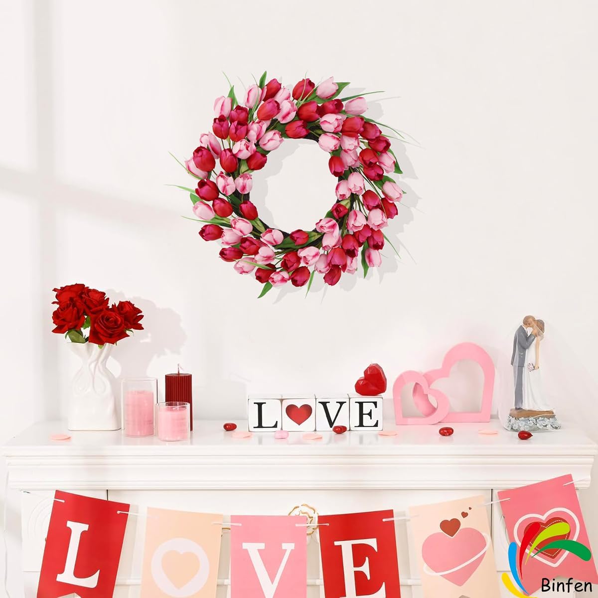 18-20 Inch Valentines Day Wreath – Pink & Red 72pcs Silk Tulip Valentines Door Decor, Outdoor Valentine Wreaths for Front Door Decorations, Romantic Spring