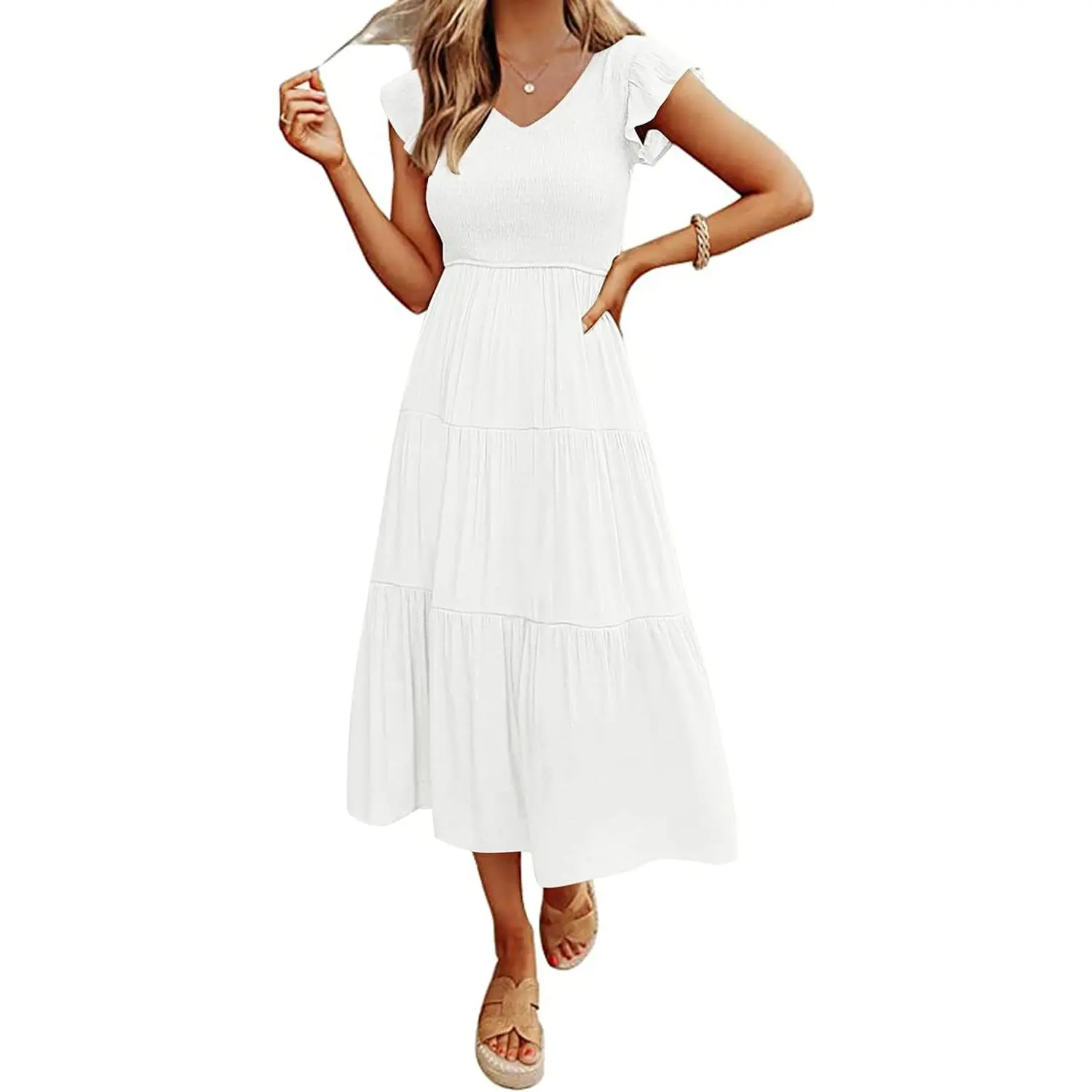 Women's Summer 2026 Casual Midi Dress Flutter Sleeve V Neck Smocked Tiered Beach Vacation Dresses
