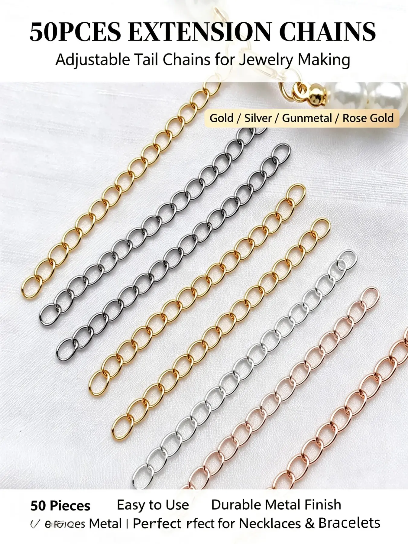 50 pieces of stainless steel extension chains, unhooked chain extender, length 5 centimeters, DIY jewelry-making accessories for necklaces, lobster clasps and closing jewelry chain accessories, Jewelry Making Supplies