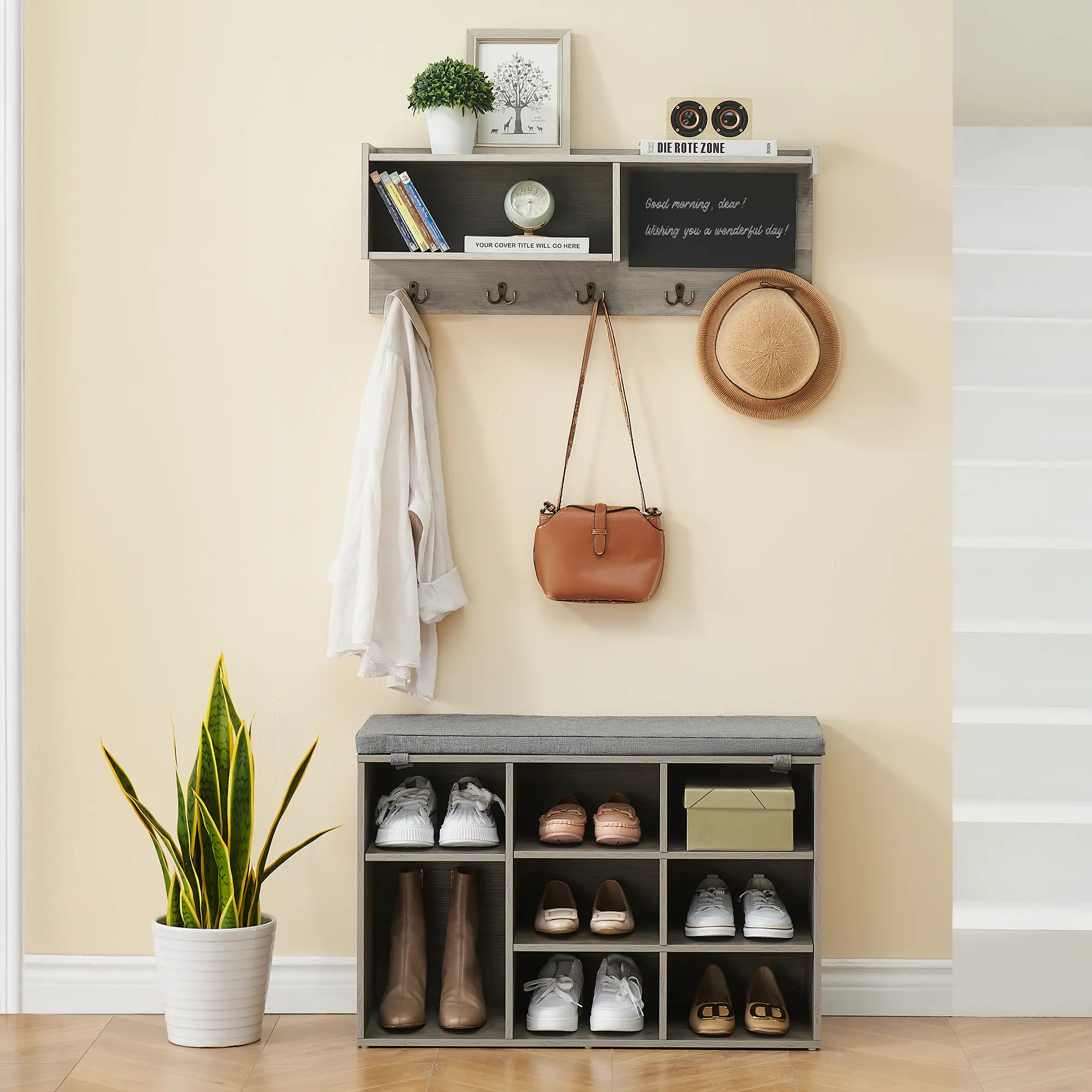 Industrial Entryway Hall Tree Coat Rack with Shoe Bench – 5 Hooks, Storage Cubbies, Wall Shelf, Blackboard, Cushioned Seat – Organizer for Entryway, Mudroom, Living Room