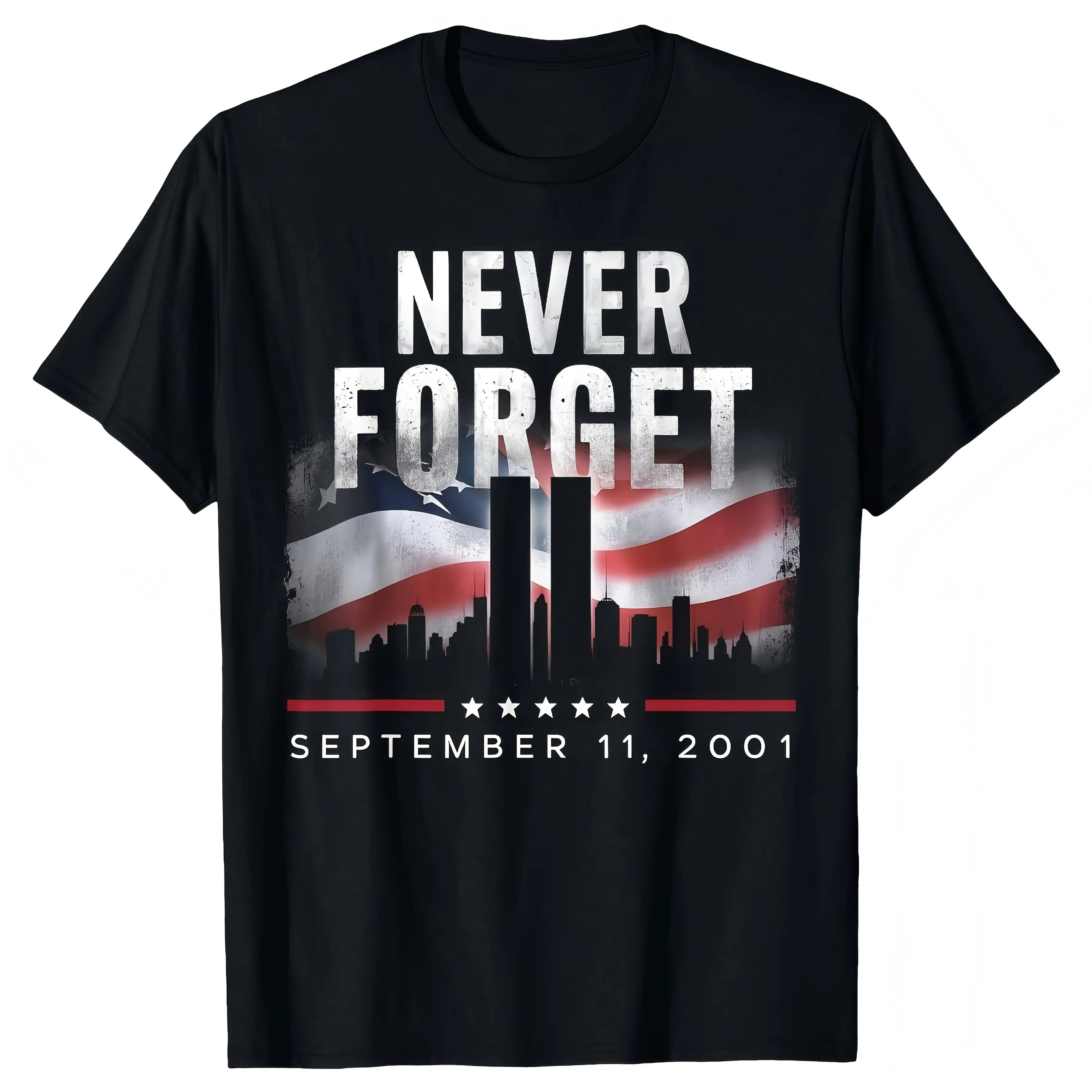 Patriotic 9/11 Memorial Graphic Print T-Shirt, Unisex Casual Shortsleeve Top in Soft Stretch Cotton