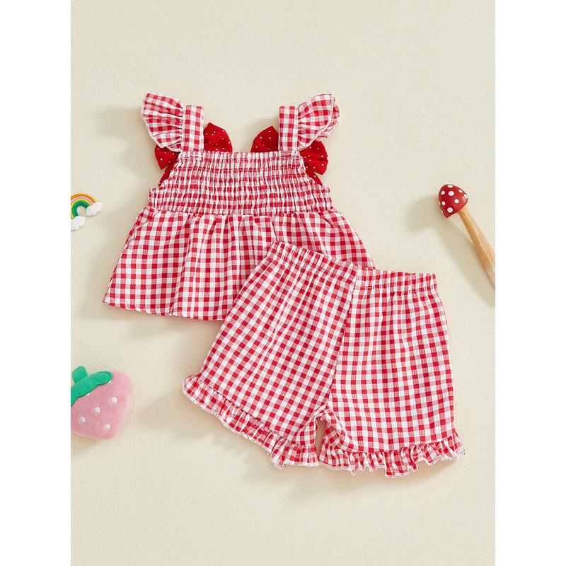 Toddler Baby Girl Summer Outfit Strawberry Embroidered Plaid Bows Ruffled Trim Tank Tops and Shorts 2 Pcs Set 6M-3Y