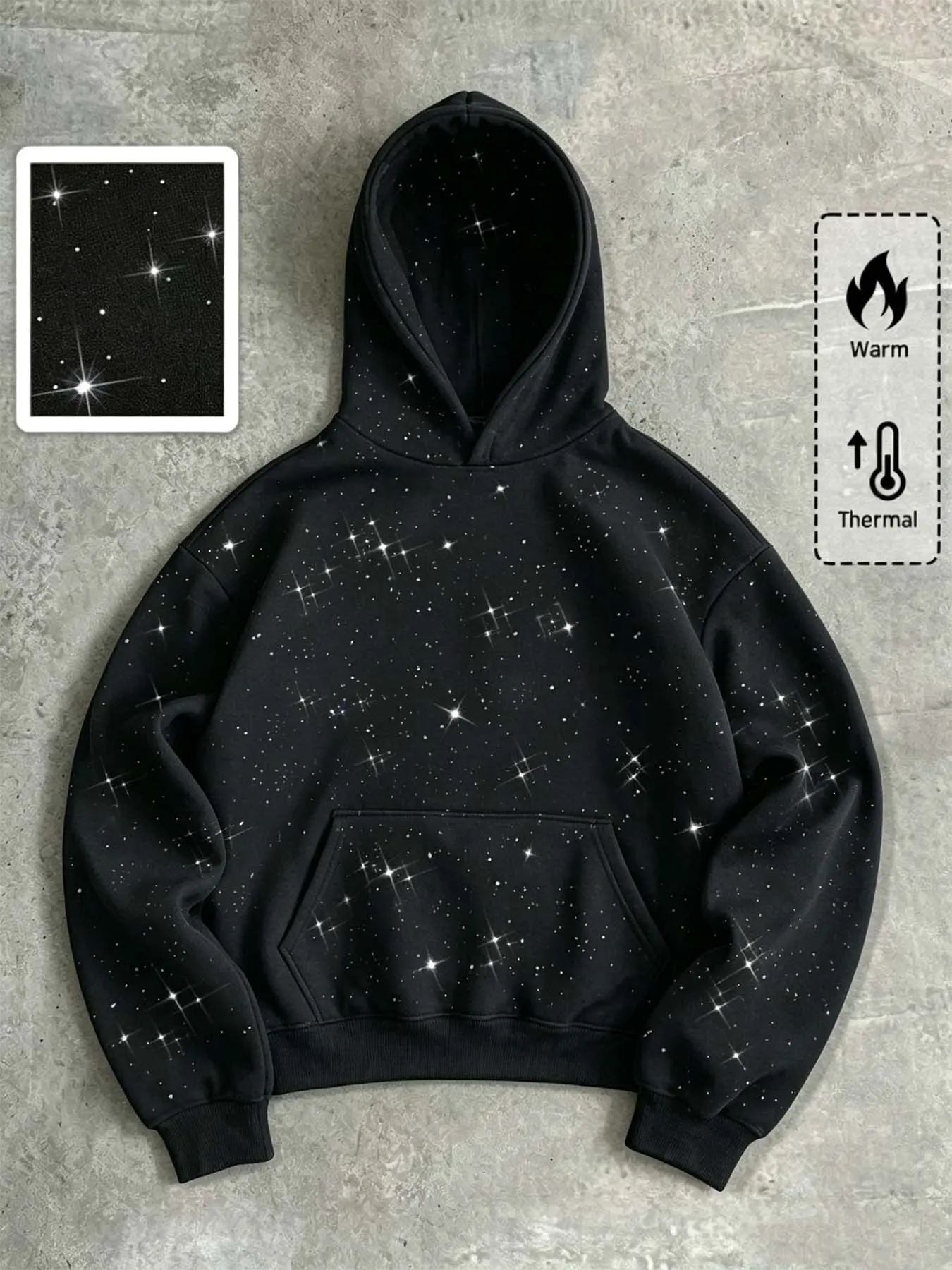Black Starry Night Full Star Glitter Pullover Hoodie, Men's Warm Hooded Jacket Street Style Black Athletic Hoodie