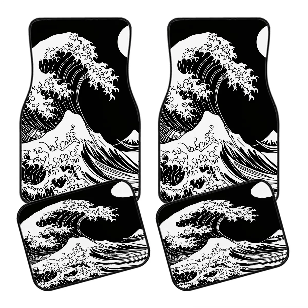 Black White Great Wave Car Floor Mats, Automotive Mats 4PCS Set, Japanese Ukiyo-e Pattern Auto Floor Liners, Waterproof Non-Slip Front & Rear Car Accessories, Universal Fit for Cars, SUVs, Durable Washable Vehicle Carpet Protectors