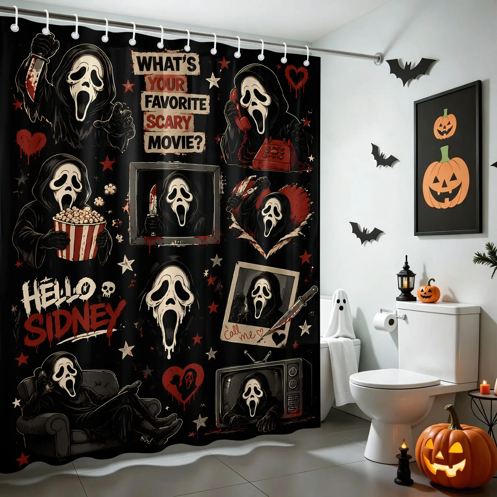 Goth Ghostface Scream Movie Collage Shower Curtain-Waterproof Anti-Mold Oxford Fabric 72 Inch 12 Hooks-No-Drill Easy Install-Privacy Bath Curtain-Ideal for Home/Dorm/Movie Fans Bathroom Decor, Spooky Halloween Gifts