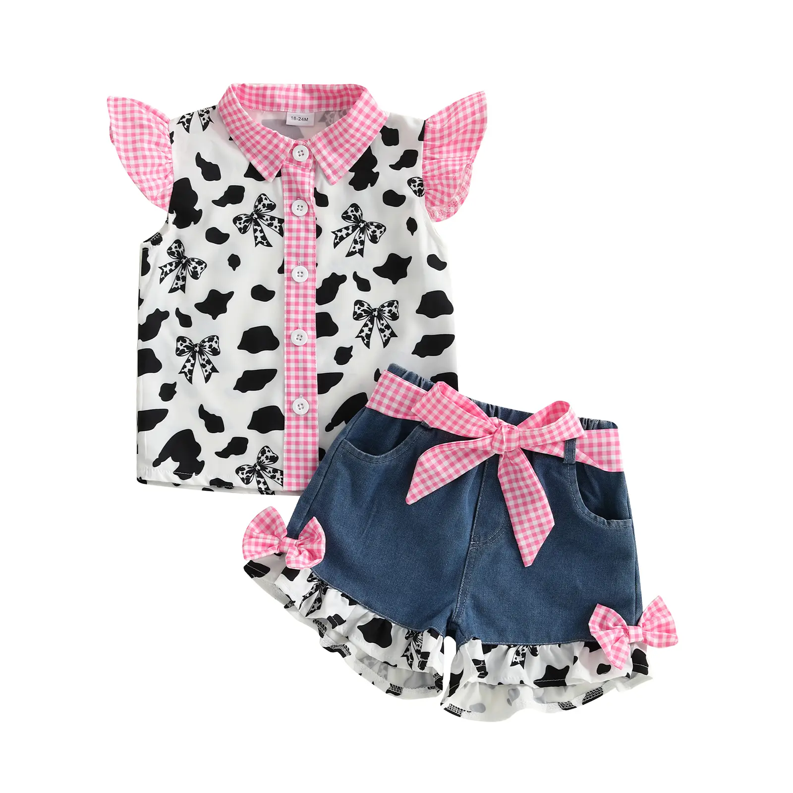 Western Toddler Girl Clothes Cow Print Shirt Ruffle Sleeve Button Tops and Shorts Set Denim Outfits Jean Shorts Set