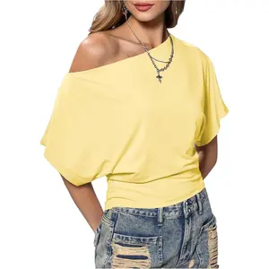 Women's Off The Shoulder Crop Tops Asymmetrical Y2K Going Out Top Dolman Short Sleeve 2026 Summer Trendy Clothes(Gift)