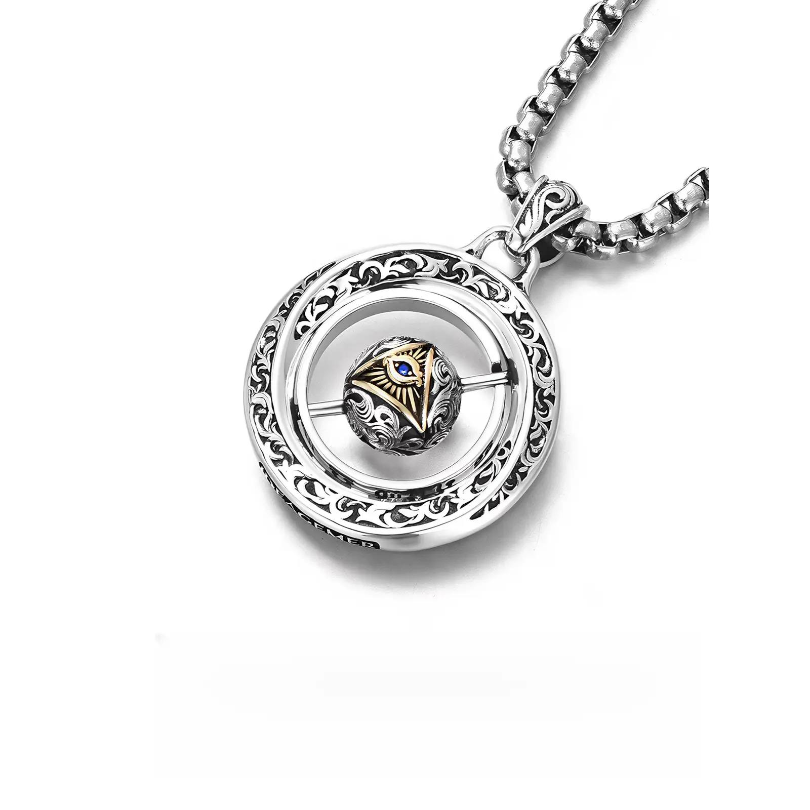 Unique Rotatable All-Seeing Eye Orb Necklace, Vintage Gothic Mens Statement Necklace, Luxury Casual Streetwear Jewelry#GothicJewelry#PunkStyle#Statement Necklace#AllSeeingEyeNecklace#RotatablePendant#VintageMensJewelry, 360° Rotation, Carved Scrolls, Old,
