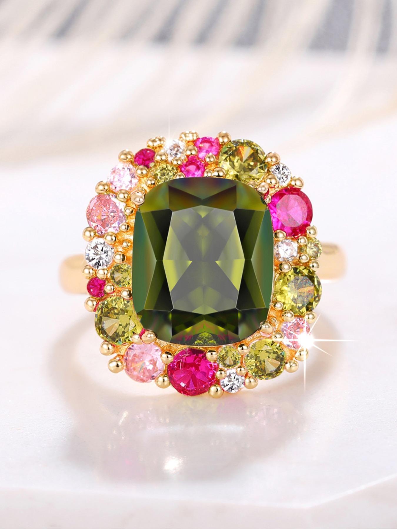 Artificial Zirconia Ring, Elegant Colorful Rhinestone Decorated Ring for Women for Party, Daily Clothing Decor, Trendy & Exquisite Wedding Party Jewelry Gift