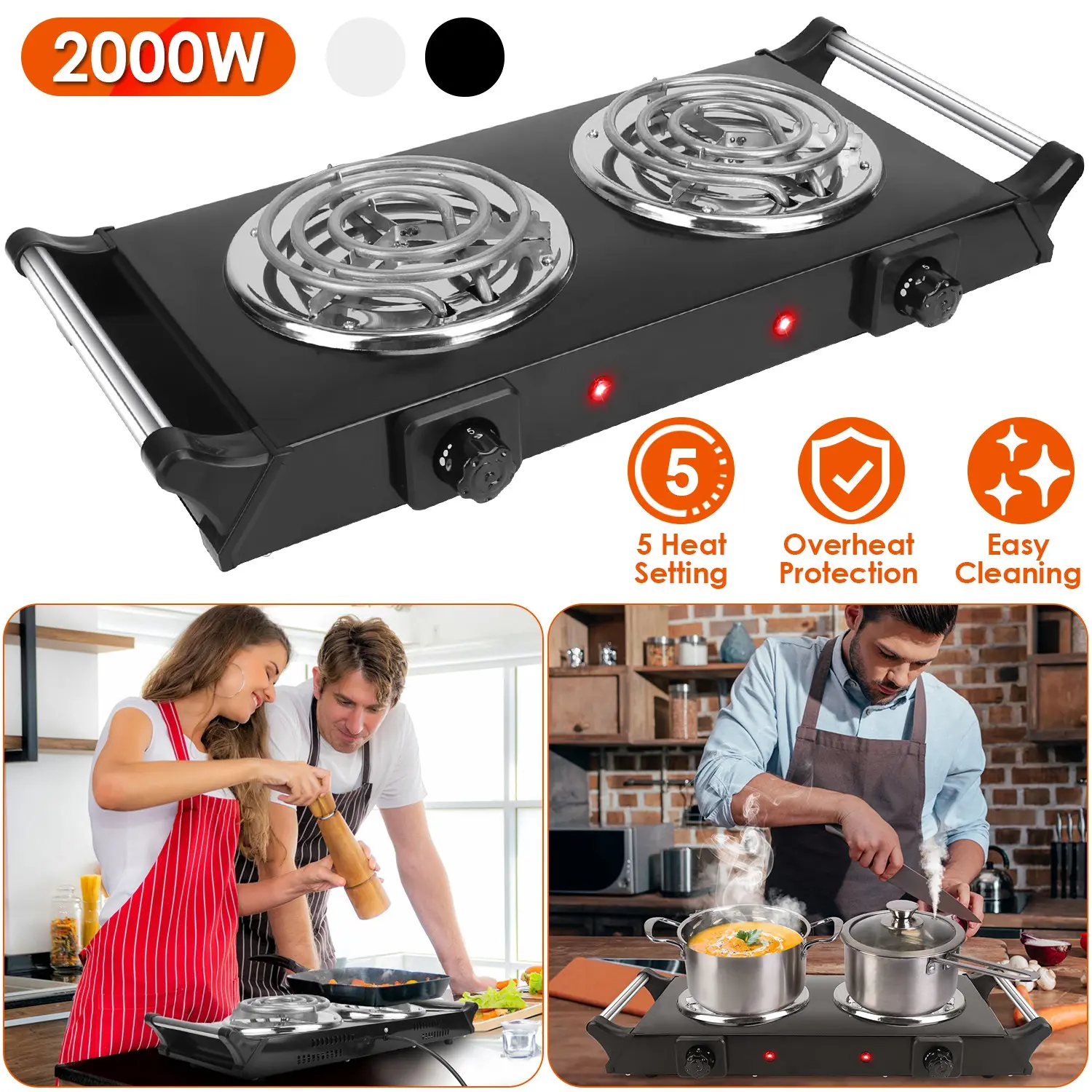 2000W Dual Coil Stove, Portable Countertop Electric Hot Plate with 5 Heat Control Settings, Handles for Travel Users, RV & Camp Kitchen Use, Coil Burners