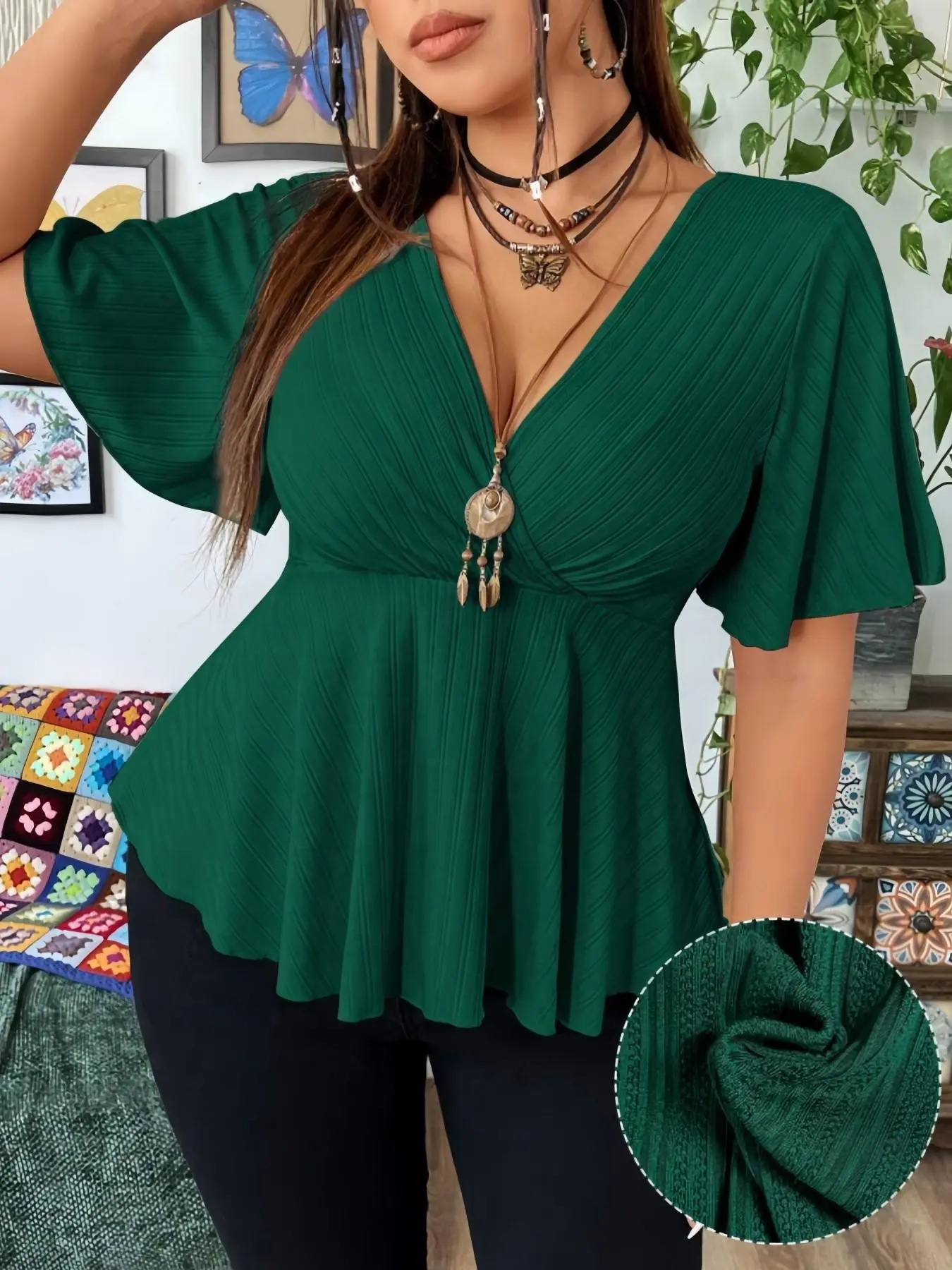 Plus Size Deep V Batwing Sleeve Dress, Solid Color Waist Cinch A-Line Hem, Conceals Belly, Slimming, Fit, Versatile Chic Office Casual Fashion, Tops, Single Piece