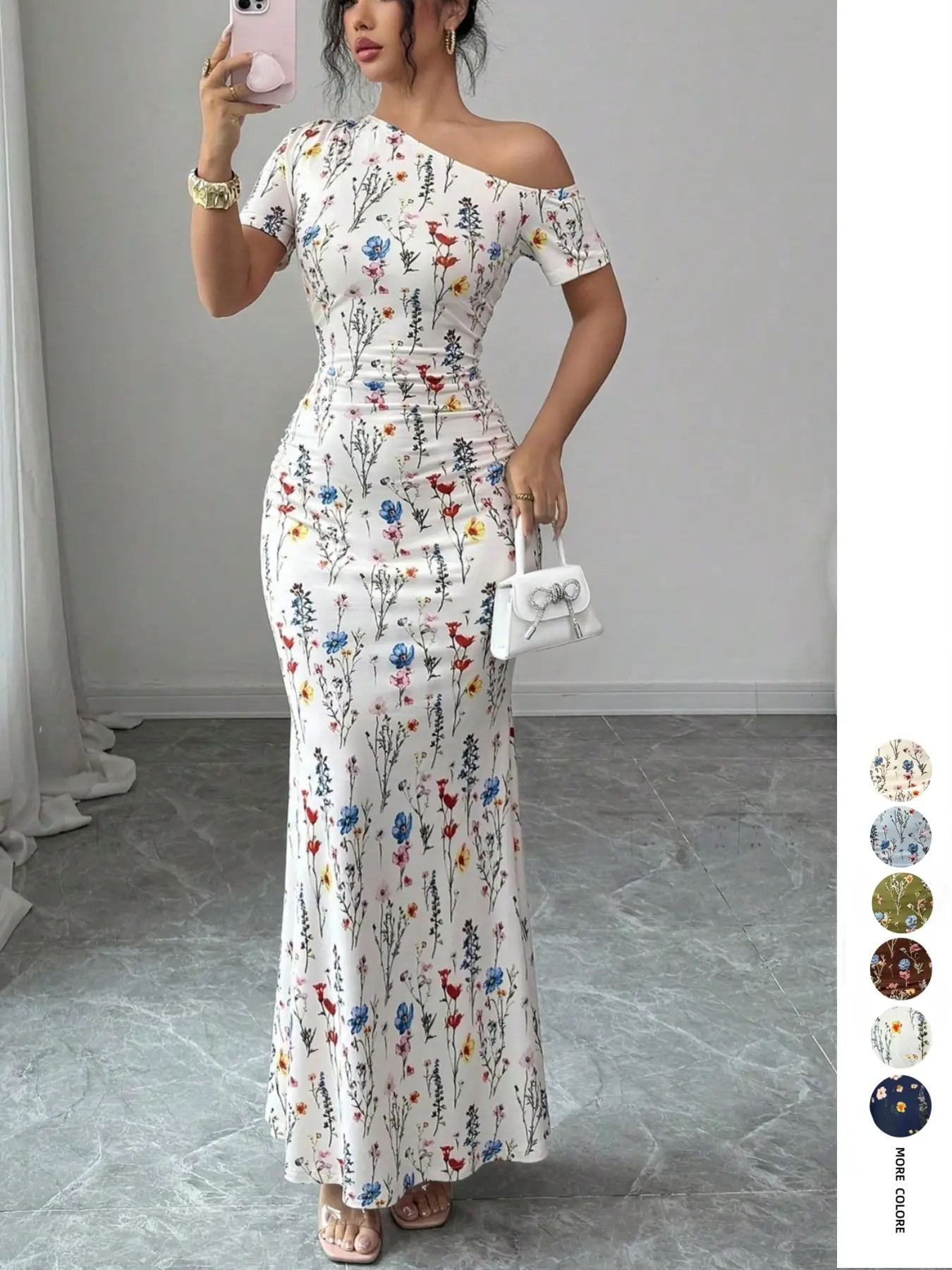 Asymmetrical Shoulder Floral Fish Tail Long Dress, Waist Cinch Slimming Pure Desire Butt Lift Dress, Chic Date Night Dress, Beach Vacation Dress