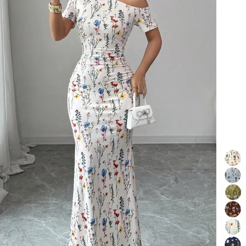 Asymmetrical Shoulder Floral Fish Tail Long Dress, Waist Cinch Slimming Pure Desire Butt Lift Dress, Chic Elegant Date Night Dress, Beach Vacation Dress, Asymmetrical Design Dress