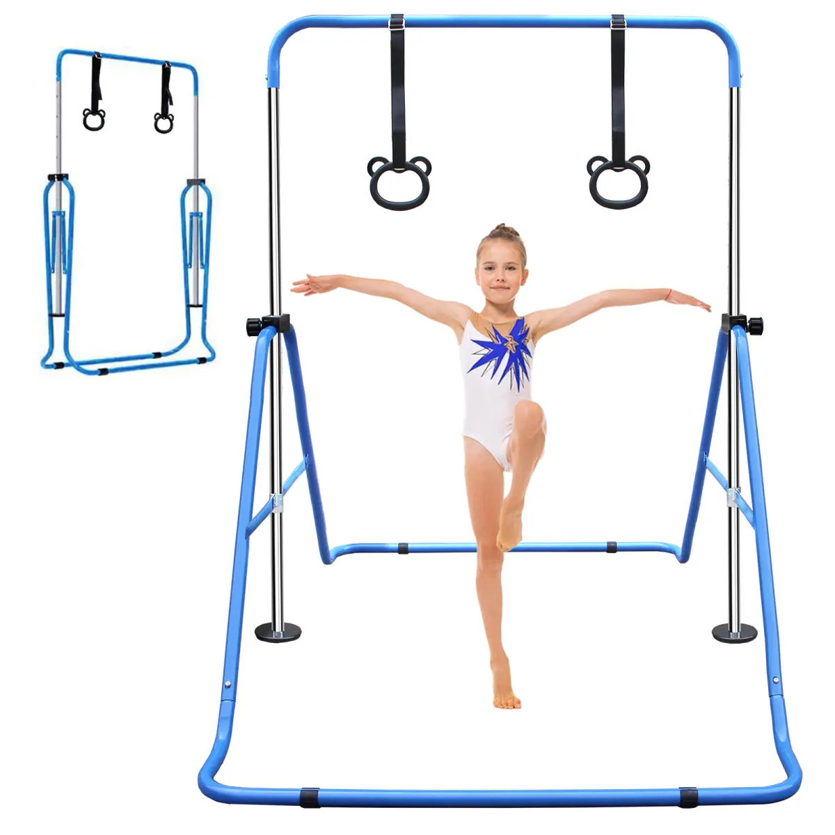 AobtkelBlue Multi-Functional Adjustable Height Children's Horizontal Gymnastic Bar With Bear Rings