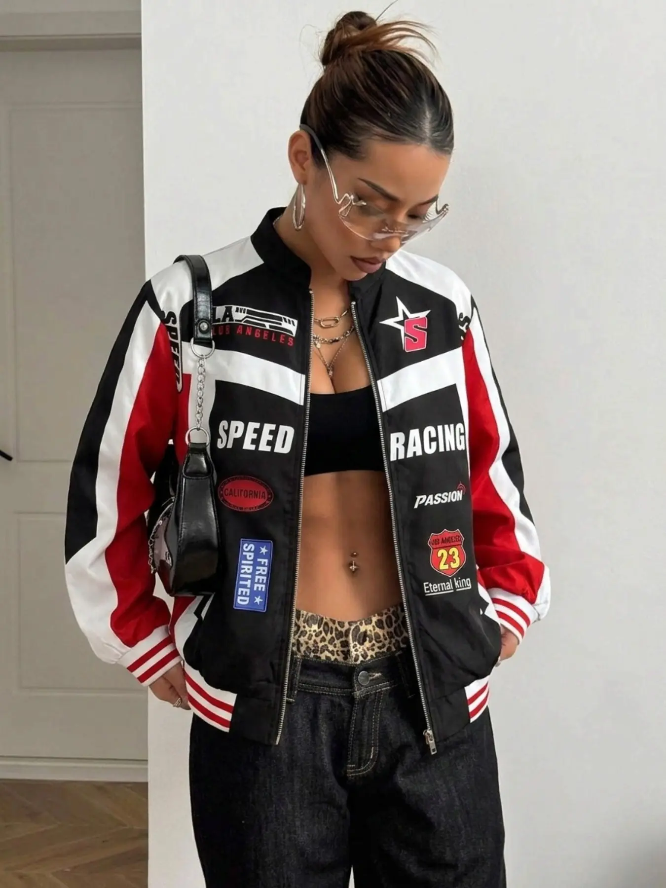 American Racing Style Patchwork Stand Collar Motorcycle Jacket, Multi-Logo Print Colorblock Zipper Short Coat, Spring Fall Streetwear Top