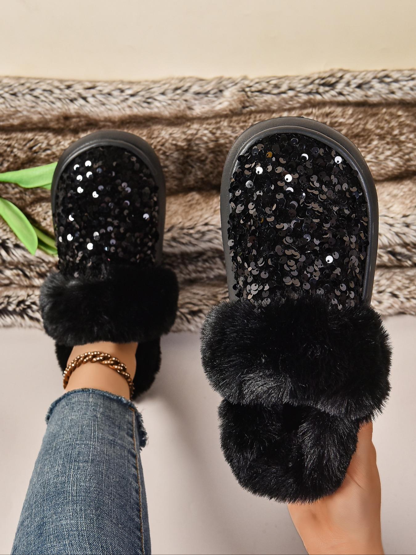 Women's Baroque Sequin Decor Plush Slippers, Casual Soft Comfortable Home Slippers, Warm Slippers for Indoor & Outdoor Use for Fall & Winter, Non Slip Slippers