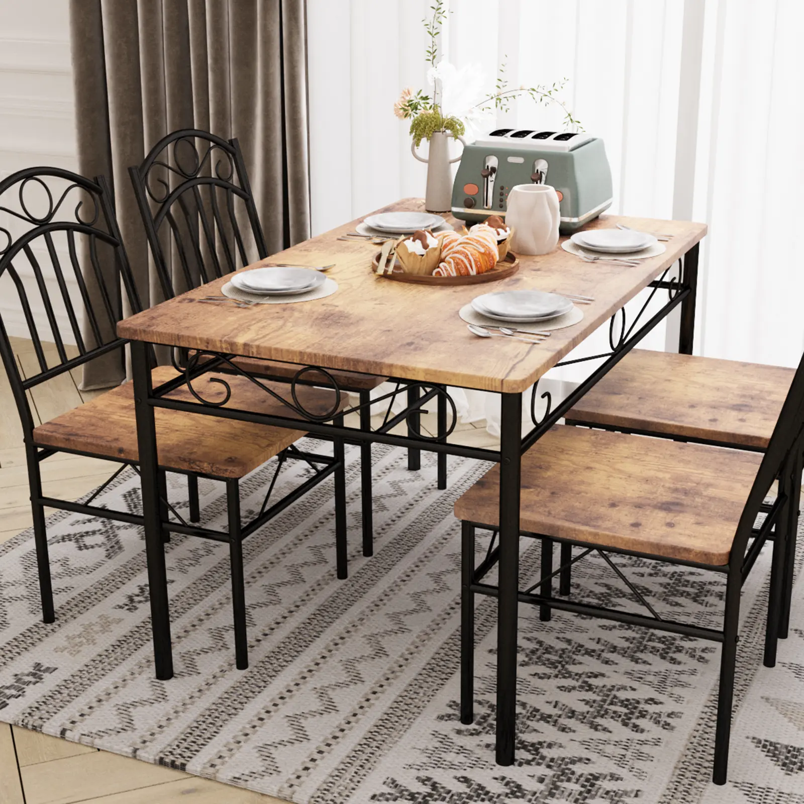 43" Dining Table Set for 4, Modern Farmhouse Kitchen Table and Chairs Set, Small Space Dinette with Wood-Grain Top & Black Metal Frame, Space-Saving Rectangle Dinner Table Set for Apartment, Bistro, Breakfast Nook