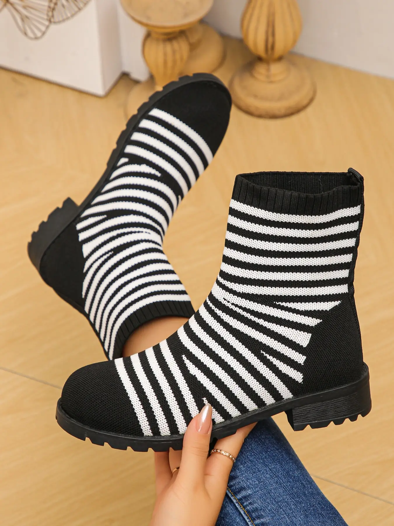 Women's Striped Elastic Sock Boots, Knit Low Heel Casual Short Boots, Fashion Slip-On Mid-Calf Women's Shoes