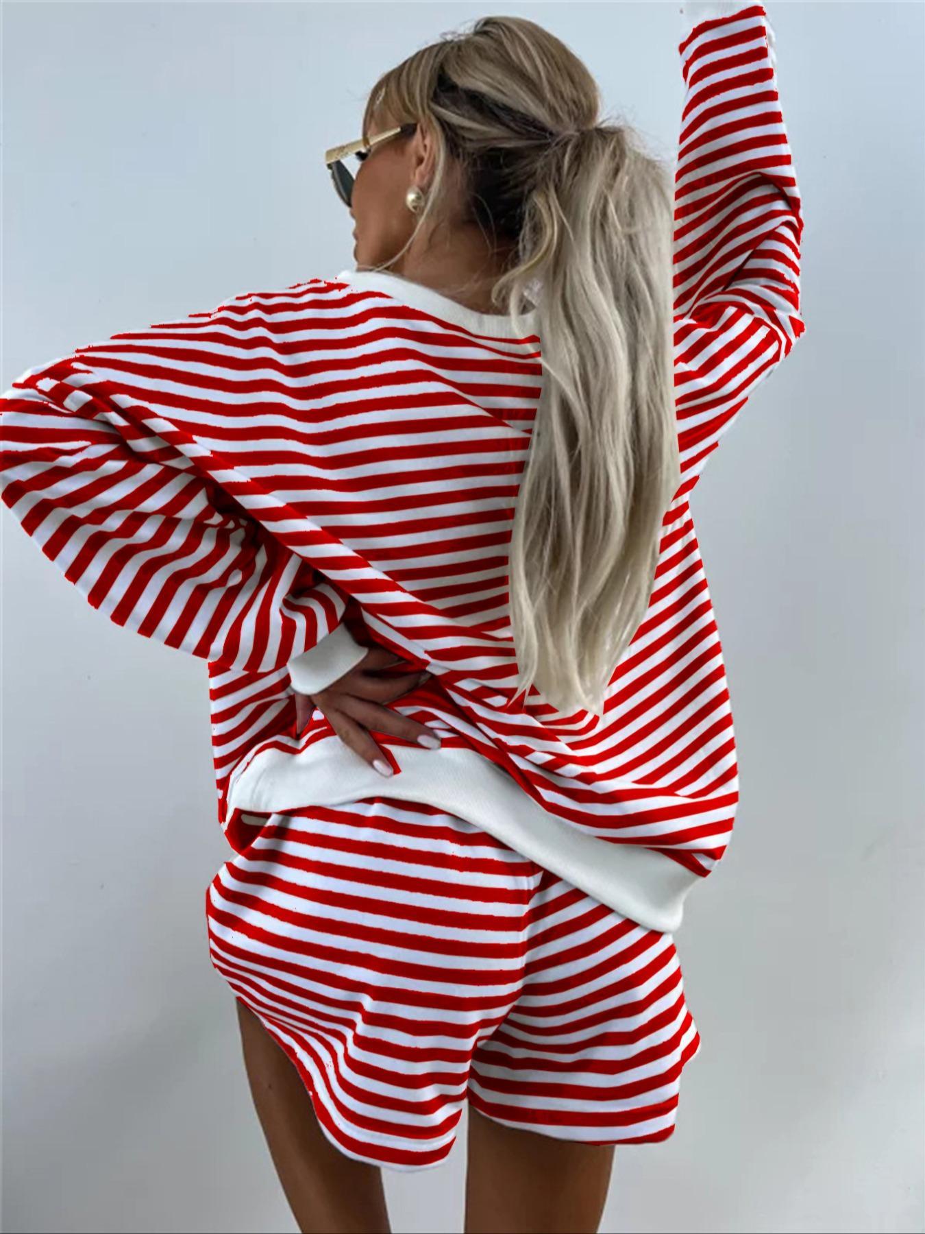 Women's Striped Print Drop Shoulder Long Sleeve Tee & Elastic Waist Shorts Two-piece Set, Casual Fashion Cozy Breathable Soft Fabric Two Piece Outfits for Daily Outdoor Wear, Women Clothes for Spring & Fall