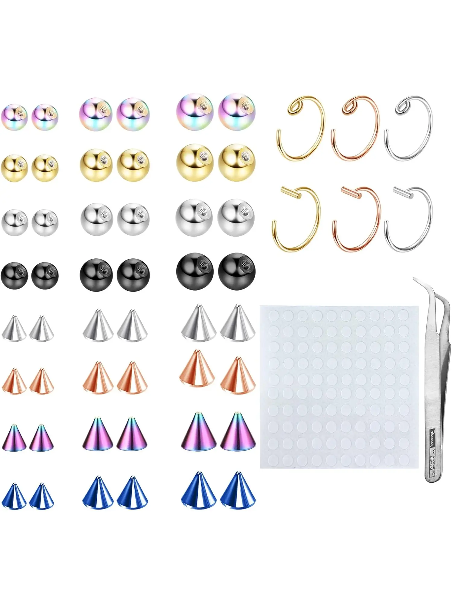 1 Set Multi-Color Fake Skin Piercing Jewelry Set for Women Men Solid Stainless Steel Varied Non-pierced Body Ornaments Fake Eyebrow Hoops Labret Lip Studs Interchangeable Balls Spike Decor Sticker-type Nose Rings for Festivals Costume Events