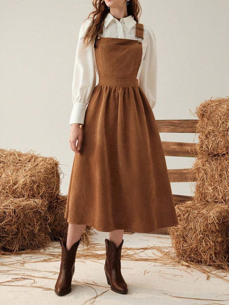 Women's Solid Ribbed Overalls Dress, Casual Sleeveless Square Neck A Line Dress for Spring & Fall, Women's Clothing for Daily Wear