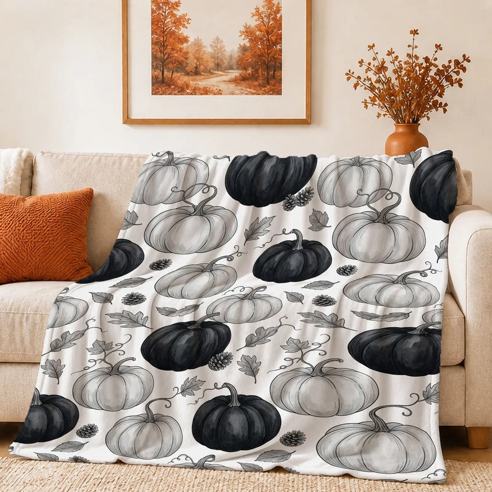 1pc Black White Pumpkin Blanket, Rustic Farmhouse Fall Style, All-Over Graphic Design with Hand-Drawn Pumpkins and Leaves, for Sofa Living Room Fall Decor and Halloween Home Decor