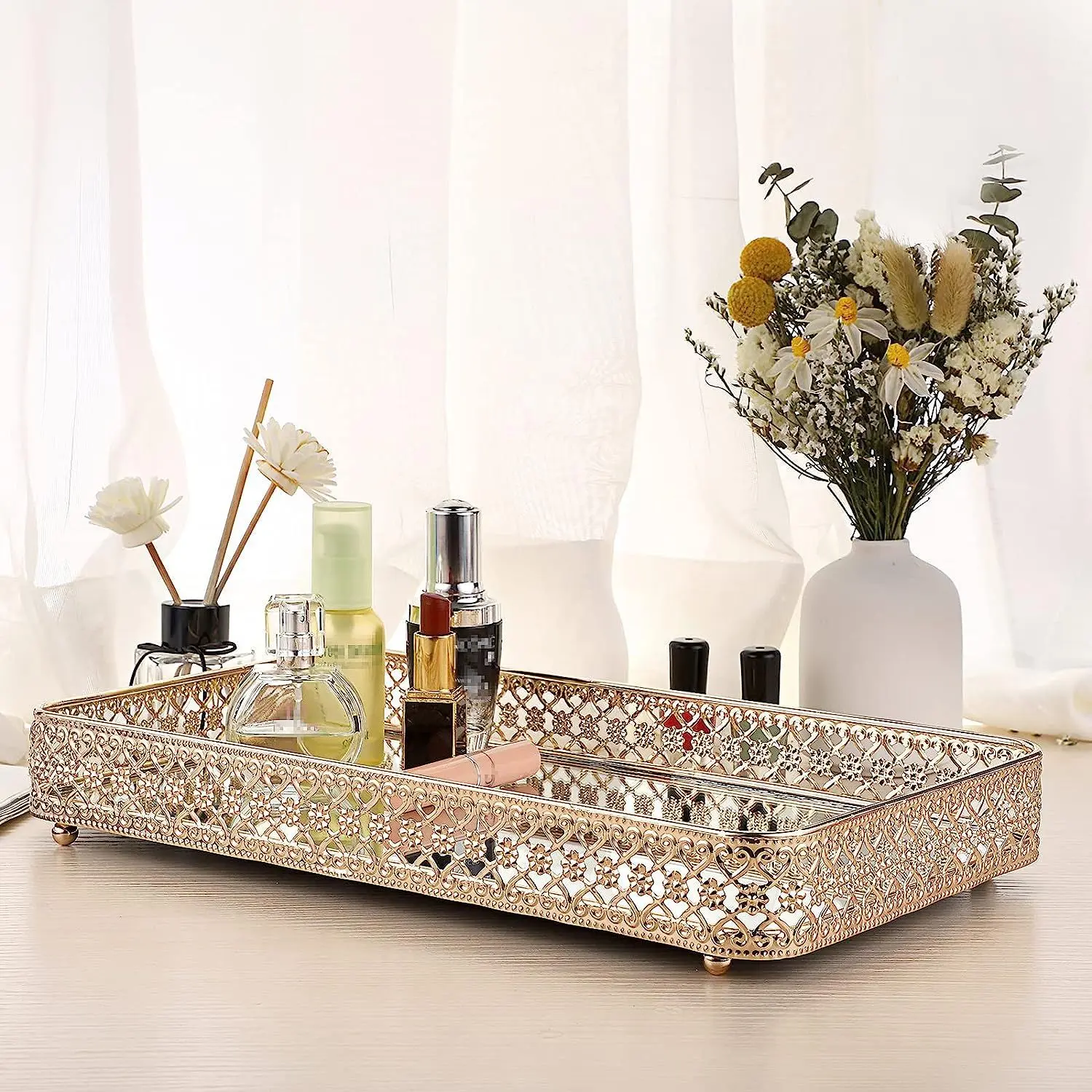 Luxury Look Rectangular Compact Bronze Leather Watch Winder Box with Hollow-Carved Perfume Mirror Tray - Home Use Unisex Home Organizer for Makeup Vanity, Jewelry Storage