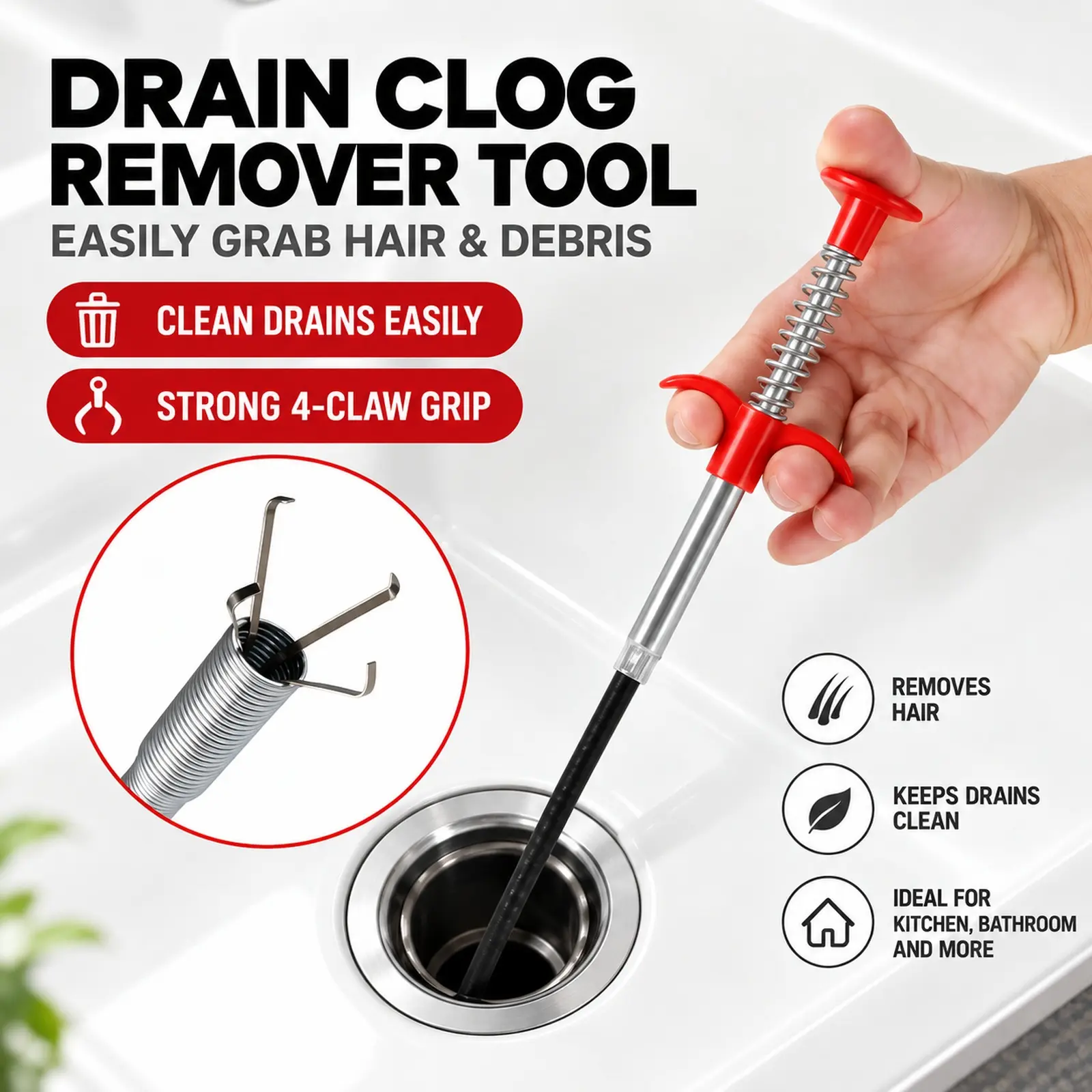 4-Claw Flexible Drain Grabber Tool, 78.74in Bendable Pipe Clog Remover for Bathroom & Household Use