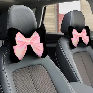 2pc Pink Bow Print Car Headrest, Neck Pillow And Lumbar Support Pillow, Soft And Fluffy, Universal for All Seasons, Suitable for Long-Distance Driving To, Car Additions Seat Cover Headrest, Ideal Gift for Girlfriend And Qixi Festival