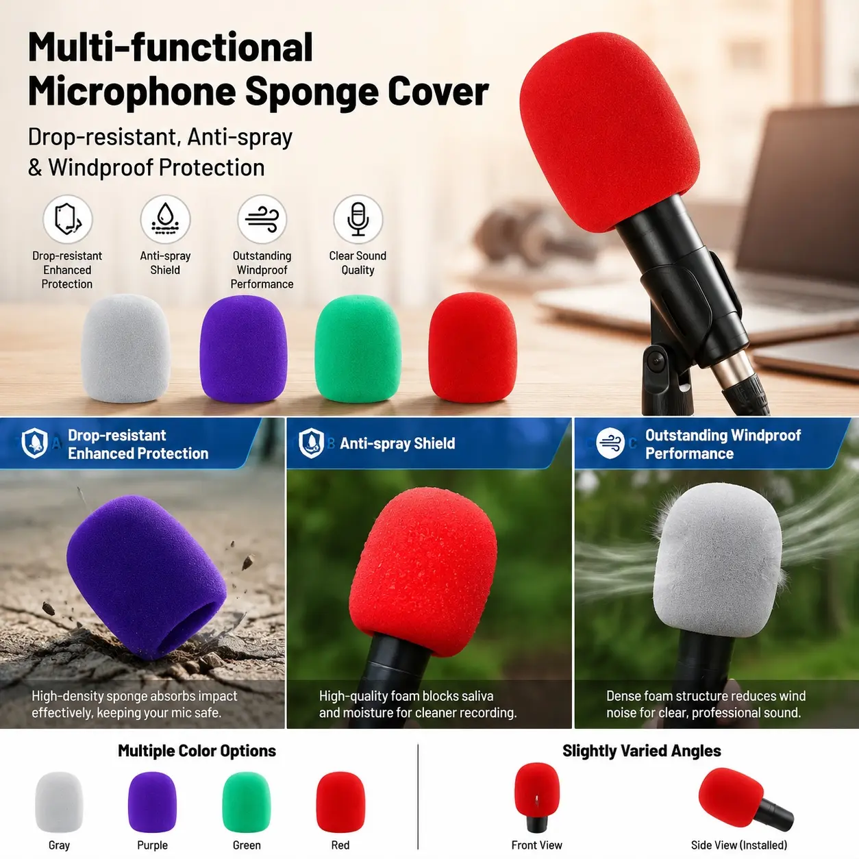 Versatile Microphone Windshield Pop Filter, Durable Shockproof Foam Cover for Noise Reduction, Universal Mic Accessory Kit for Studio Recording Podcast Streaming, Portable Dust Moisture Proof Shield for Multi-Scenario Live Broadcast