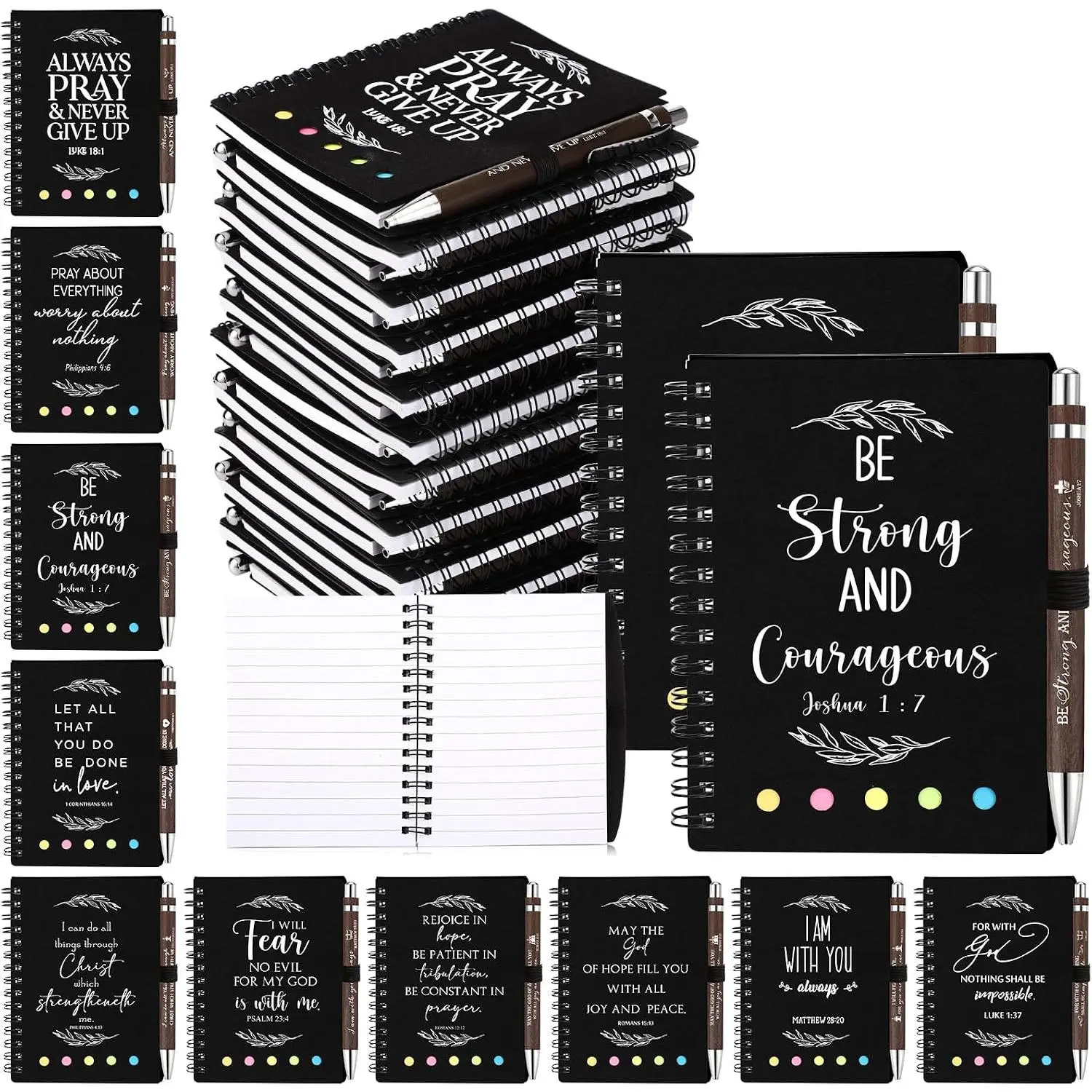 20 count/ 10 Set Christian  Bulk  Verse  Pen Spiral  Notebook with Notes Religious Basket Stuffers for  to School Teacher Church Members Coworker (Black)