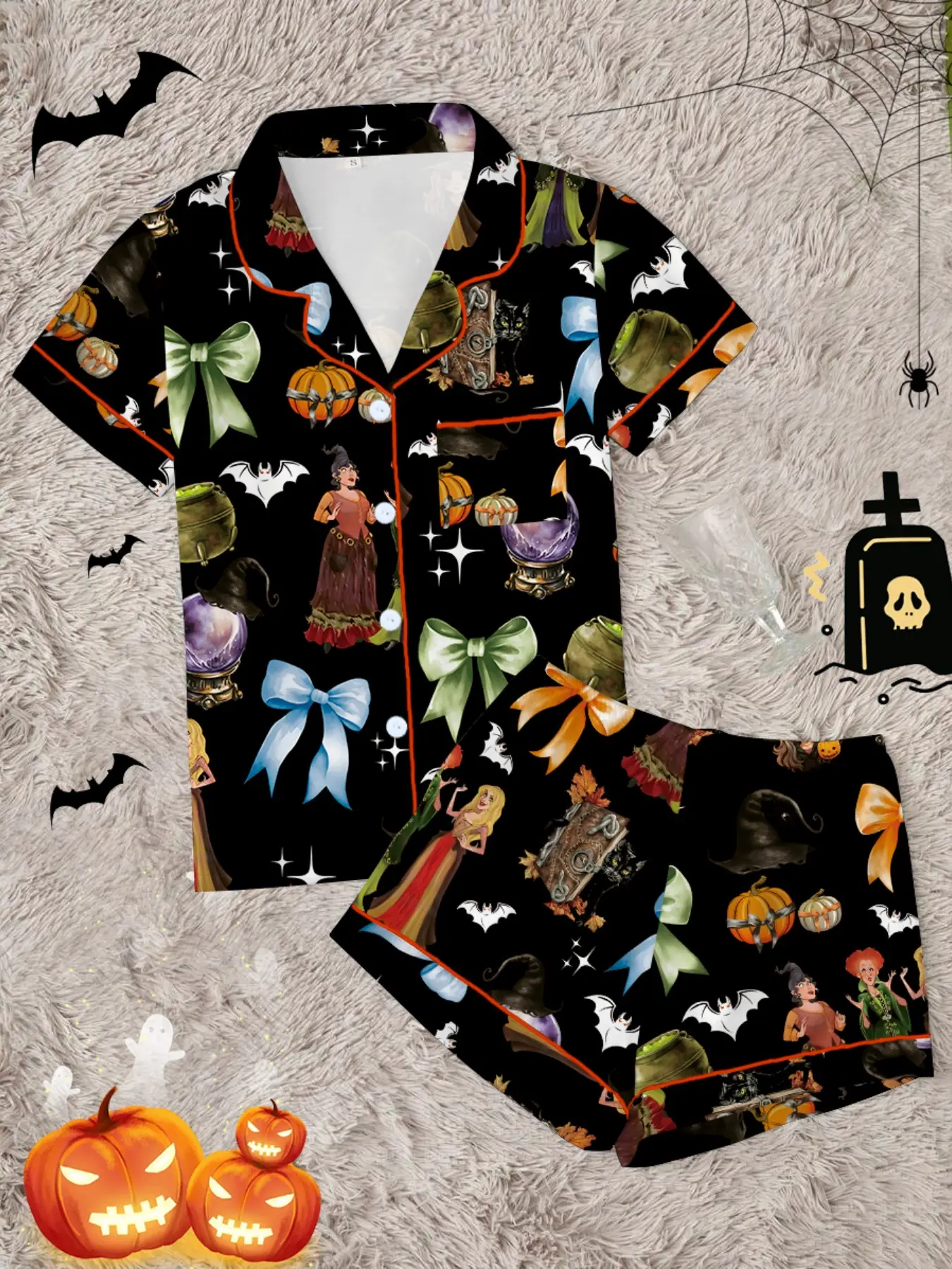 Retro Halloween Pumpkin & Bat Print Women's Matching Pajama Set Pyjamas, Comfortable Wear-Outside Sleepwear, Casual Home, Party Gift, Pjs